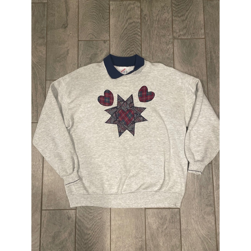 Vintage Jerzees Womens Gray Plaid Heart Star‎ Sweatshirt Crewneck Pullover XL